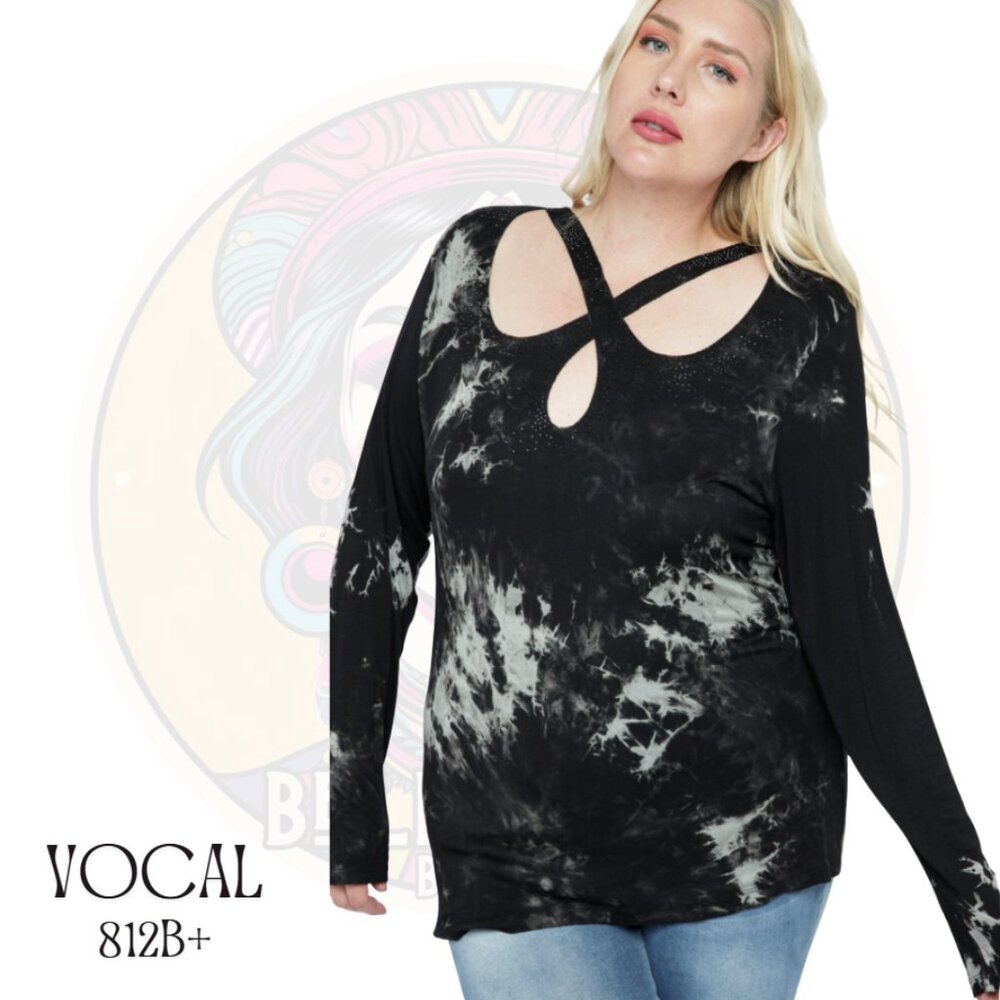 812B+ VOCAL Black Grey Plus Size Studded Crisscross Long Sleeve Top